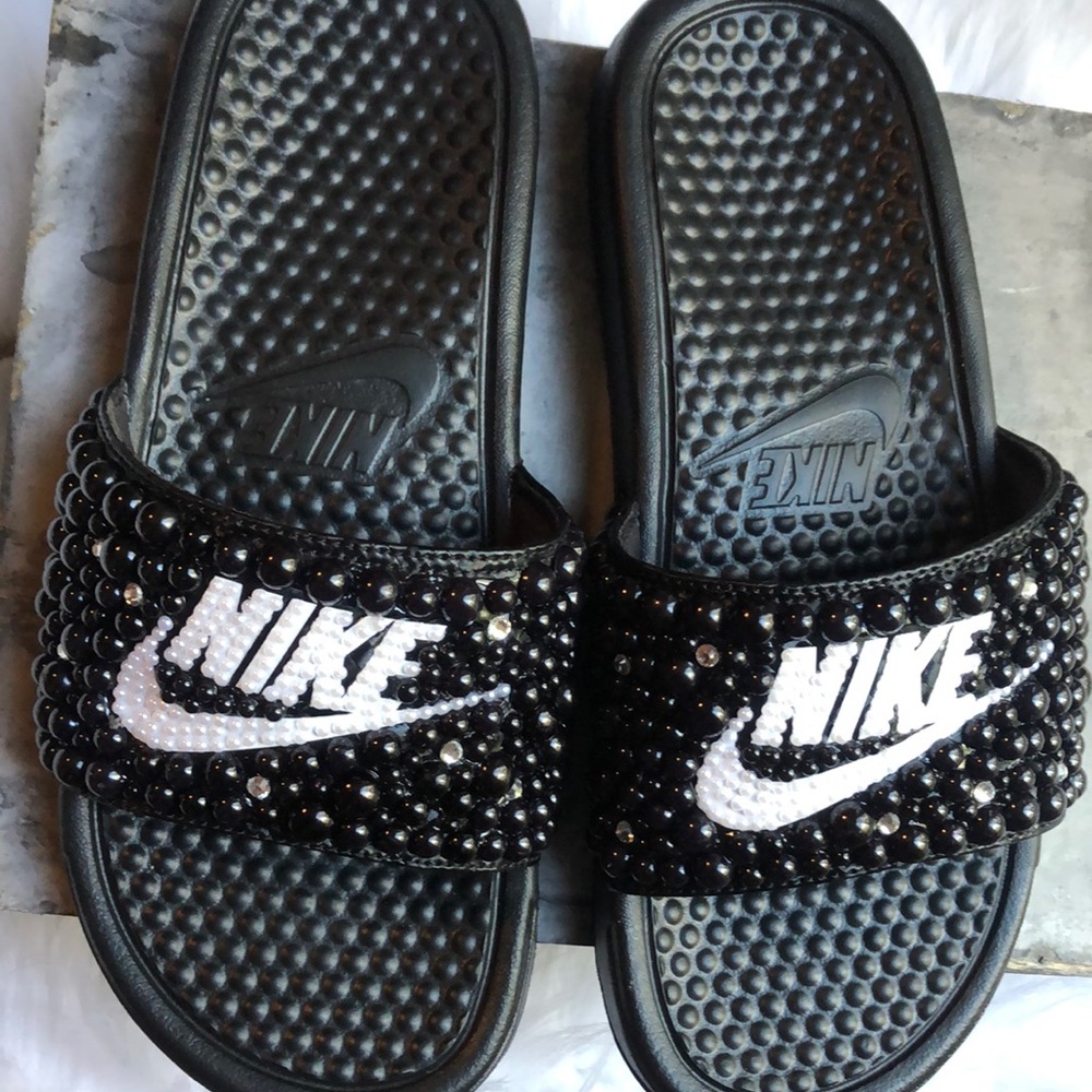 Black Custom Made Bedazzled Nike Slides Flatback pearls and crystal rhinestones